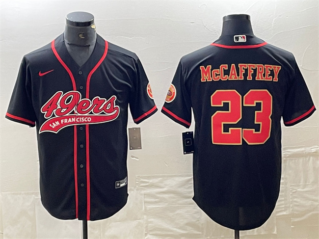 Men's San Francisco 49ers #23 Christian McCaffrey Black With Patch Cool Base Stitched Baseball Jersey